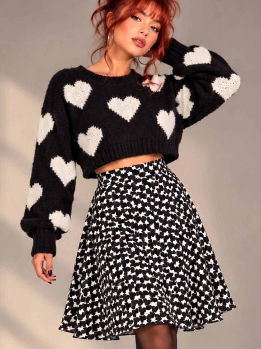 2 Piece Black And White Heart Sweater And A-line Skirt